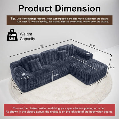 Cloud Sectional Couch With L-Shape Chaise, Modern Modular Sofa With Deep Seat, Built-In Cup Holder And Storage Pocket For Living Room Bedroom