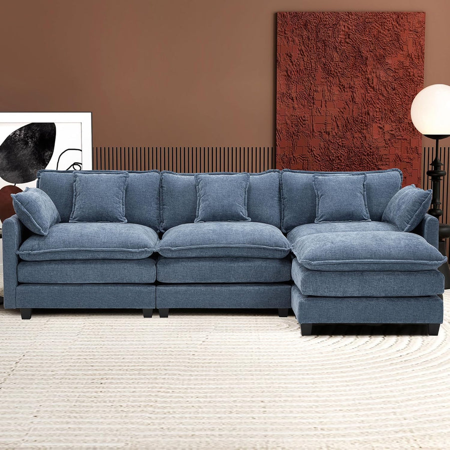 111.4 In. L-Shaped Modern Sofa Modular Cloud Sofa Ottoman 4-Seater Chenille Deep Seat Sofa