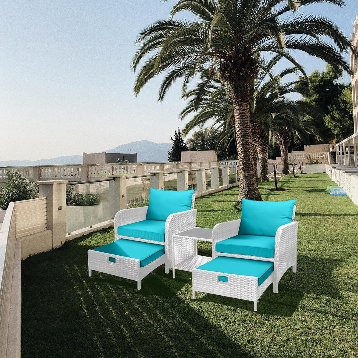 LEVELEVE Balcony Furniture 5 Piece Patio Conversation Set, PE Wicker Rattan Outdoor Lounge Chairs with Soft Cushions 2 Ottoman&Glass Table for Porch, Lawn-Brown Wicker