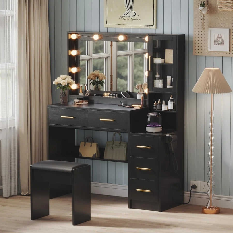 Black Vanity Desk With Mirror, Lights And Charging Station, 58.3 In. 3 Lighting Modes