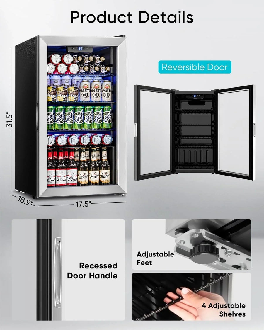 Beverage Refrigerator Cooler- 126 Can Mini Fridge Glass Door For Drinks Soda Beer Wine- Small Refrigerator For Office Bedroom Home Bar