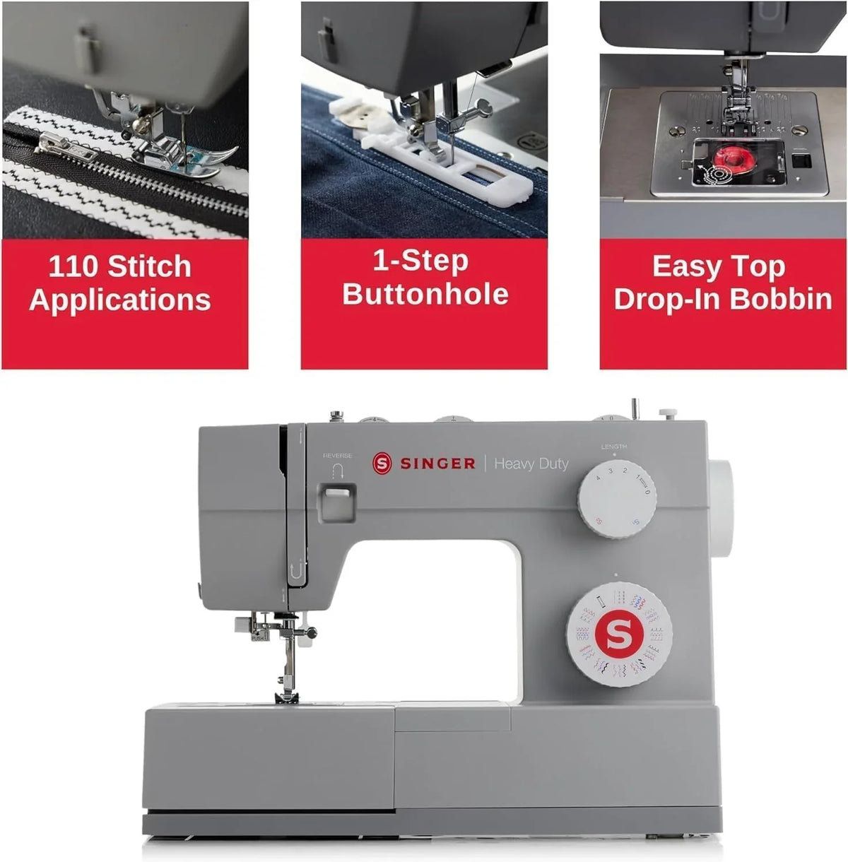 SINGER Heavy Duty 4452 High Speed Sewing Machine With Accessory Kit | Strong Motor with Enhanced Piercing Power, 110 Stitch Applications, Full Metal frame, 1-step Buttonhole & LED Lights