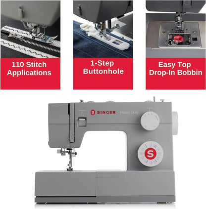 SINGER Heavy Duty 4452 High Speed Sewing Machine With Accessory Kit | Strong Motor with Enhanced Piercing Power, 110 Stitch Applications, Full Metal frame, 1-step Buttonhole & LED Lights