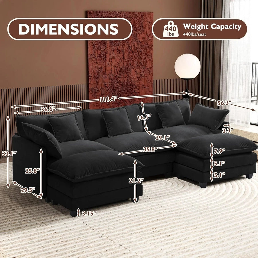 111.4 In. L-Shaped Modern Sofa Modular Cloud Sofa Ottoman 4-Seater Chenille Deep Seat Sofa
