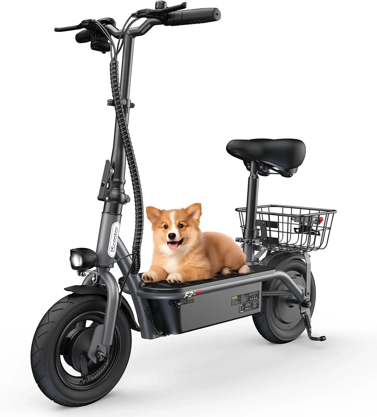 iScooter electric scooter with seat, 37/21 mile range, 28/19/15.6 mph top speed, dual suspension scooter with basket