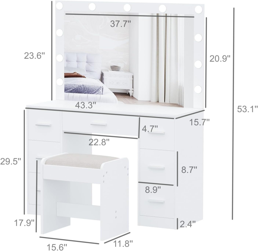 Vanity Desk with Stool, Makeup Table with Lighted Mirror, 3 Color Lighting Modes, Brightness Adjustable, Dressing Table