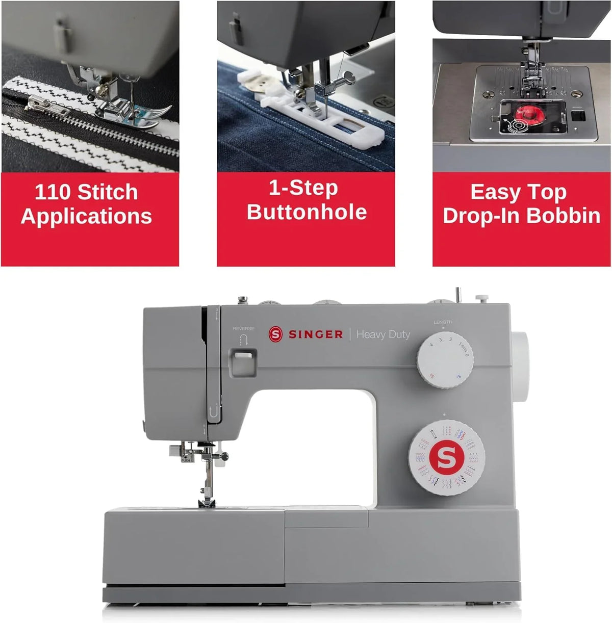 SINGER Heavy Duty 4452 High Speed Sewing Machine With Accessory Kit | Strong Motor with Enhanced Piercing Power, 110 Stitch Applications, Full Metal frame, 1-step Buttonhole & LED Lights
