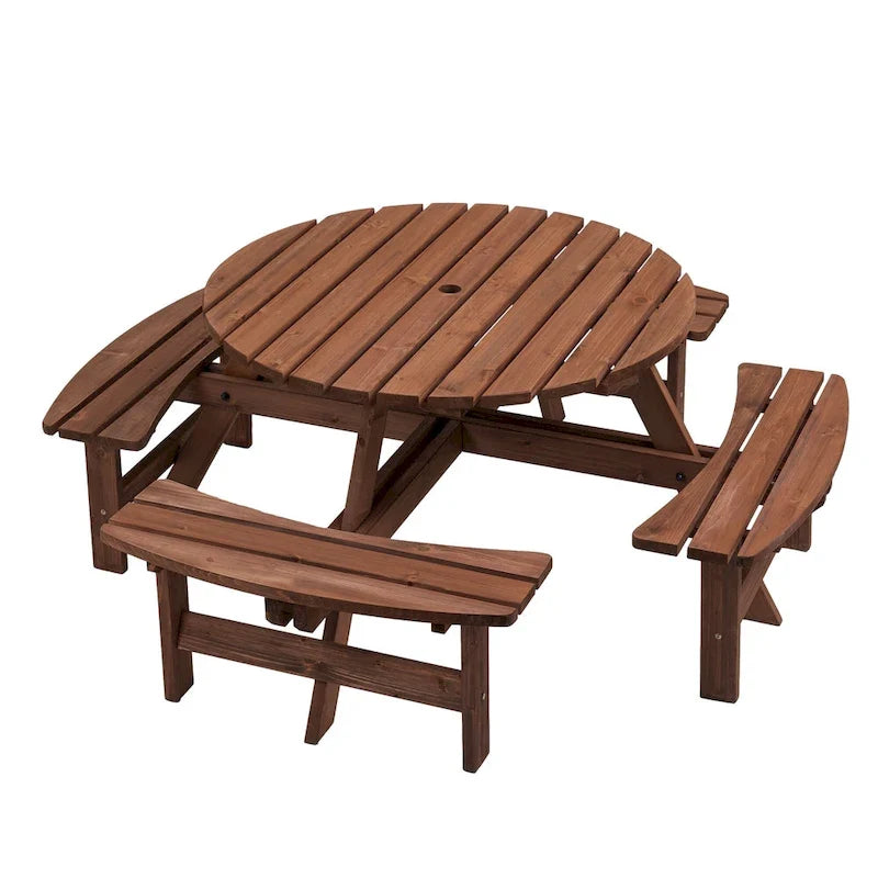 8-Person Outdoor Patio Fir Wood Round Picnic Dining Set with 4 Built-in Benches and Umbrella Hole