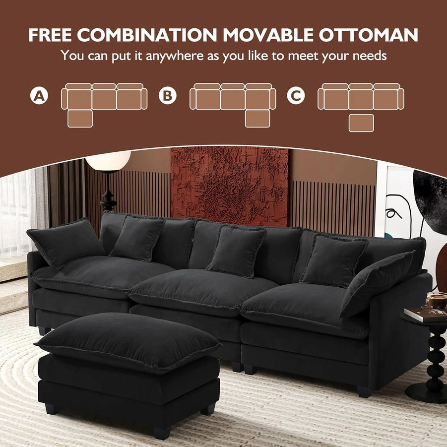 111.4 In. L-Shaped Modern Sofa Modular Cloud Sofa Ottoman 4-Seater Chenille Deep Seat Sofa
