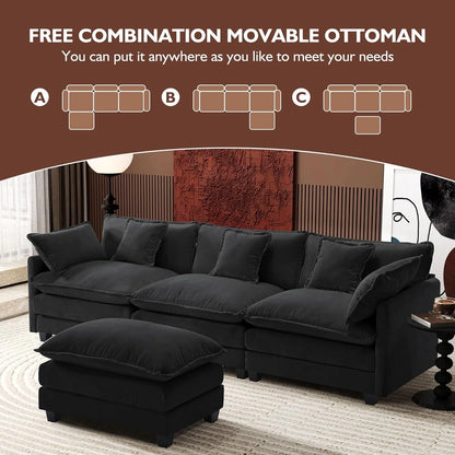 111.4 In. L-Shaped Modern Sofa Modular Cloud Sofa Ottoman 4-Seater Chenille Deep Seat Sofa