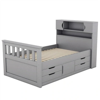 Twin/Full Size Captain Platform Bed with 4 Drawers and Storage Shelves, Solid Wood Bed Frame with Storage Bookcase Headboard