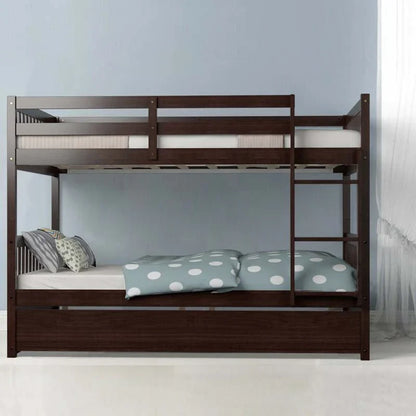 Solid Wood Full Over Full Bunk Bed Frame with Trundle, Safety Ladder & Guardrails, Convertible Bunk Bed for Kids Teens