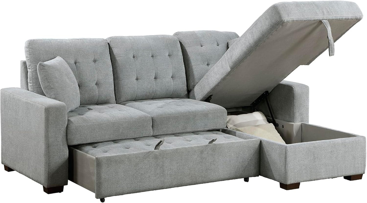 Sleeper Sofa, L Shape Sectional Couch with Right Storage Chaise and Pull Out Sofa Bed, Grey