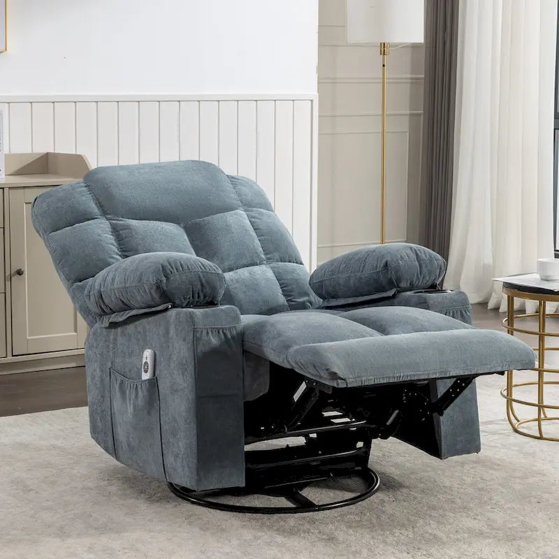 Grey Oversized Recliner with Heat and Massage, 150 Recline, 30 Rocking, USB Charging, and 2 Cup Holders