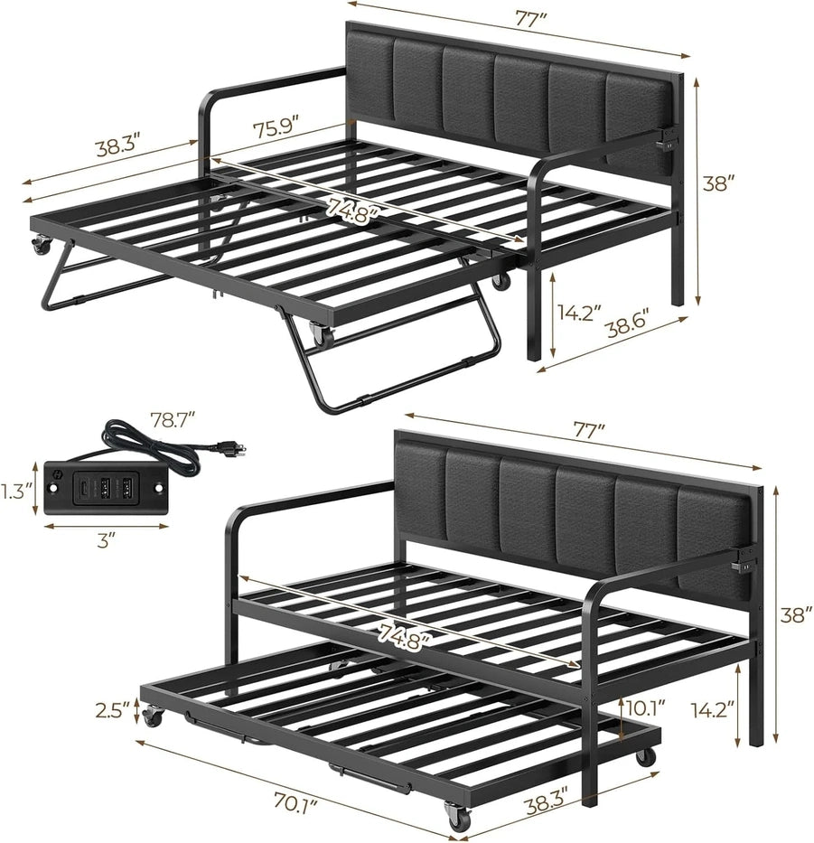Rolanstar Daybed With Charging Station And LED Lights, Height Adjustable Twin Daybed With Trundle, Metal Sofa Bed Frame With Steel Slat Support