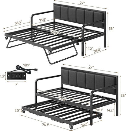 Rolanstar Daybed With Charging Station And LED Lights, Height Adjustable Twin Daybed With Trundle, Metal Sofa Bed Frame With Steel Slat Support