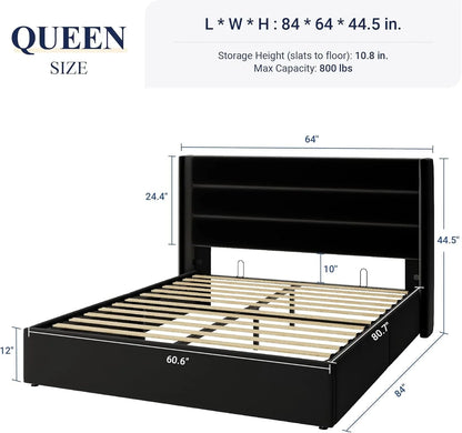 Allewie Queen Size Lift Up Storage Bed, Modern Wingback Headboard, Hydraulic Support, No Box Spring Needed, Light Beige