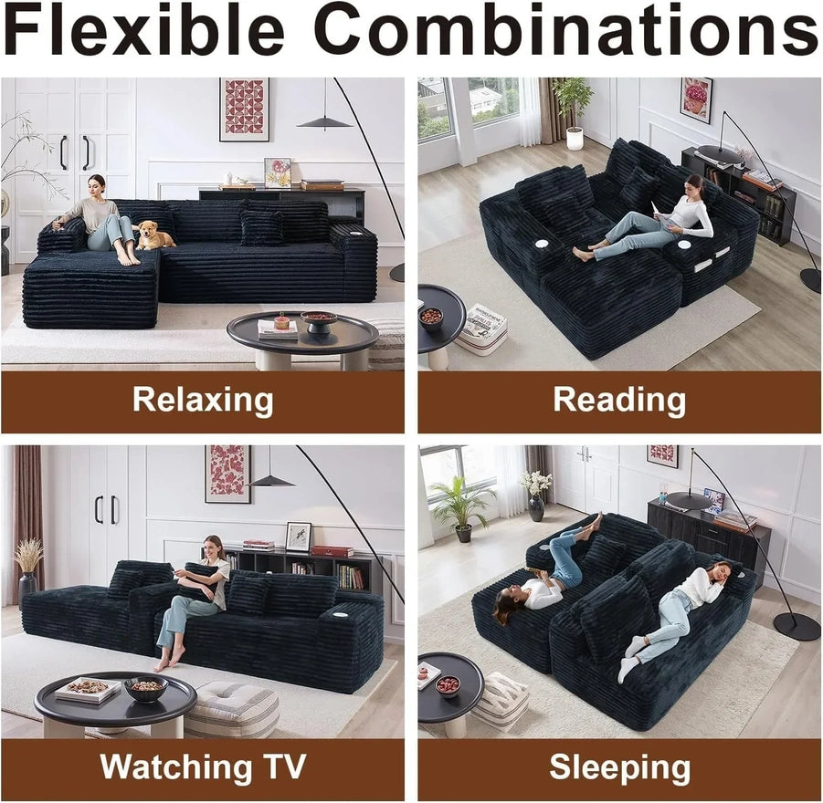 Cloud Section Sofa With L-Shaped Recliner Modern Modular Sofa Built-In Cup Holder