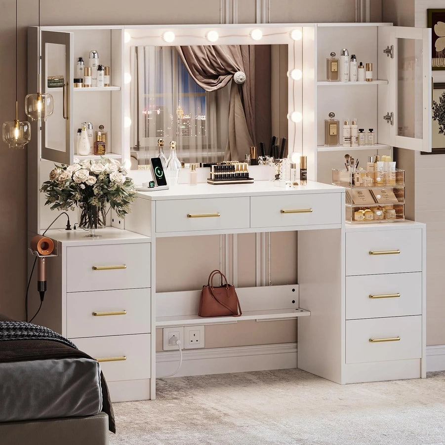 Black Vanity Desk With Mirror, Lights And Charging Station, 58.3 In. 3 Lighting Modes