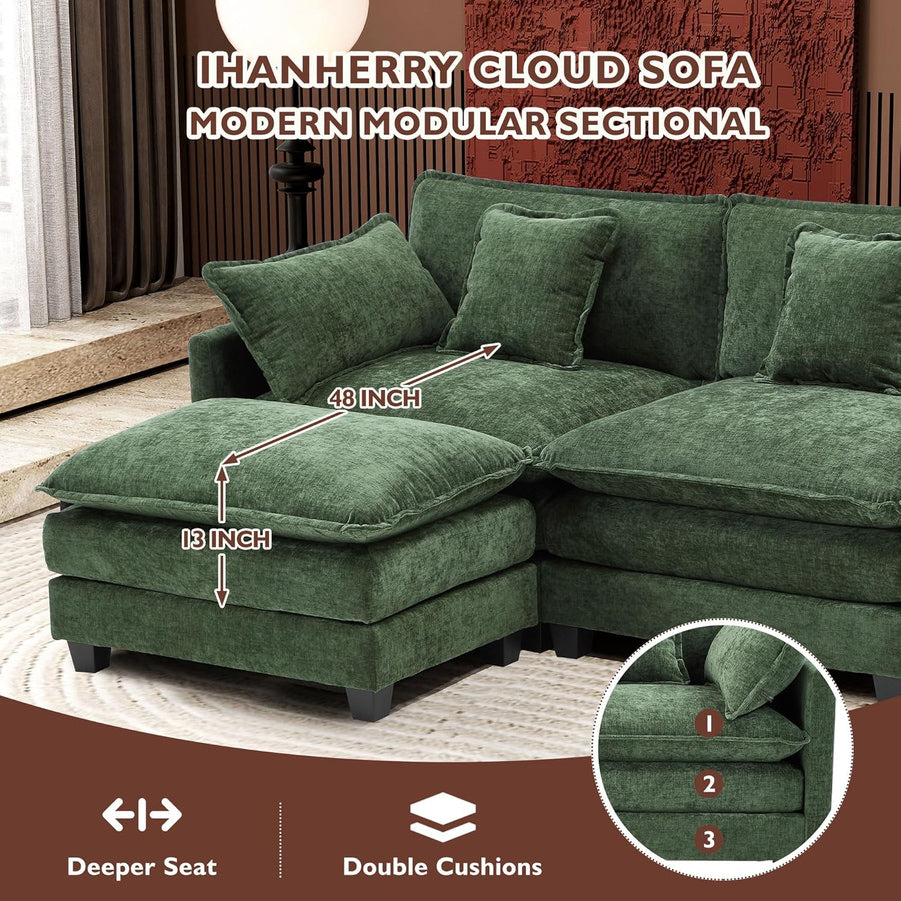 111.4 In. L-Shaped Modern Sofa Modular Cloud Sofa Ottoman 4-Seater Chenille Deep Seat Sofa