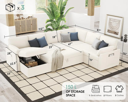 VanAcc Sofa Bed, Sleeper Sofa With Storage Chaise 2-in-1 Pull Out Couch Living Room