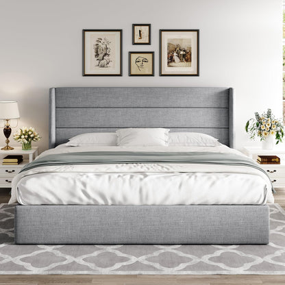 Allewie Queen Size Lift Up Storage Bed, Modern Wingback Headboard, Hydraulic Support, No Box Spring Needed, Light Beige
