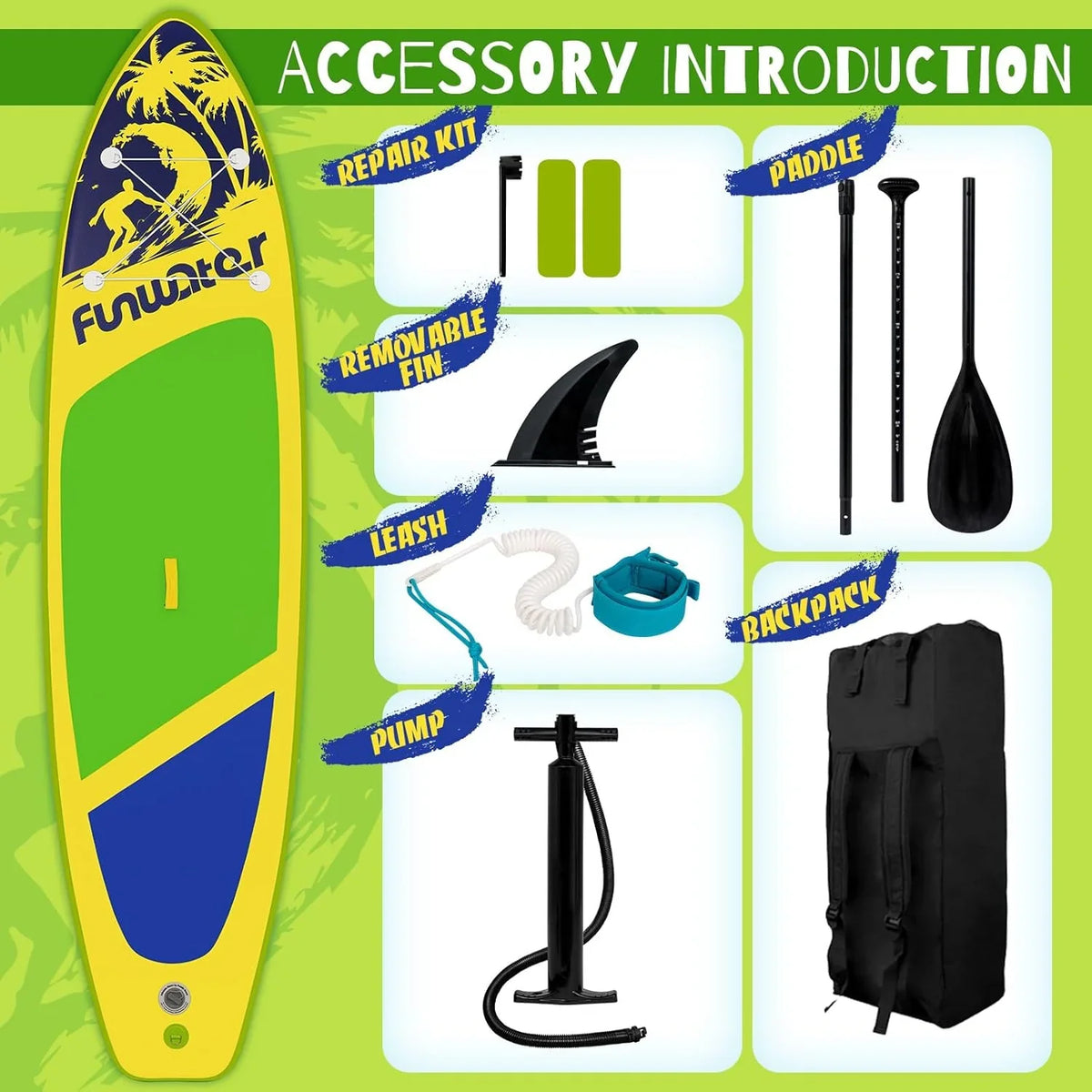 FunWater Inflatable Stand Up Paddle Board with Premium SUP Paddle Accessories, Non-Slip EVA Deck, 11'/10'6' Paddle