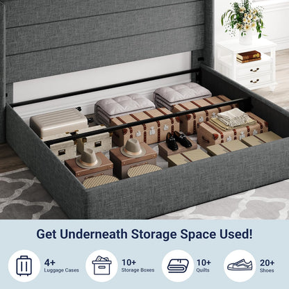 Allewie Queen Size Lift Up Storage Bed, Modern Wingback Headboard, Hydraulic Support, No Box Spring Needed, Light Beige