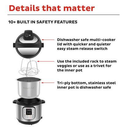 Instant Pot Duo 6 Qt Electric Pressure Cooker 7-In-1 with Easy-Release Steam Switch