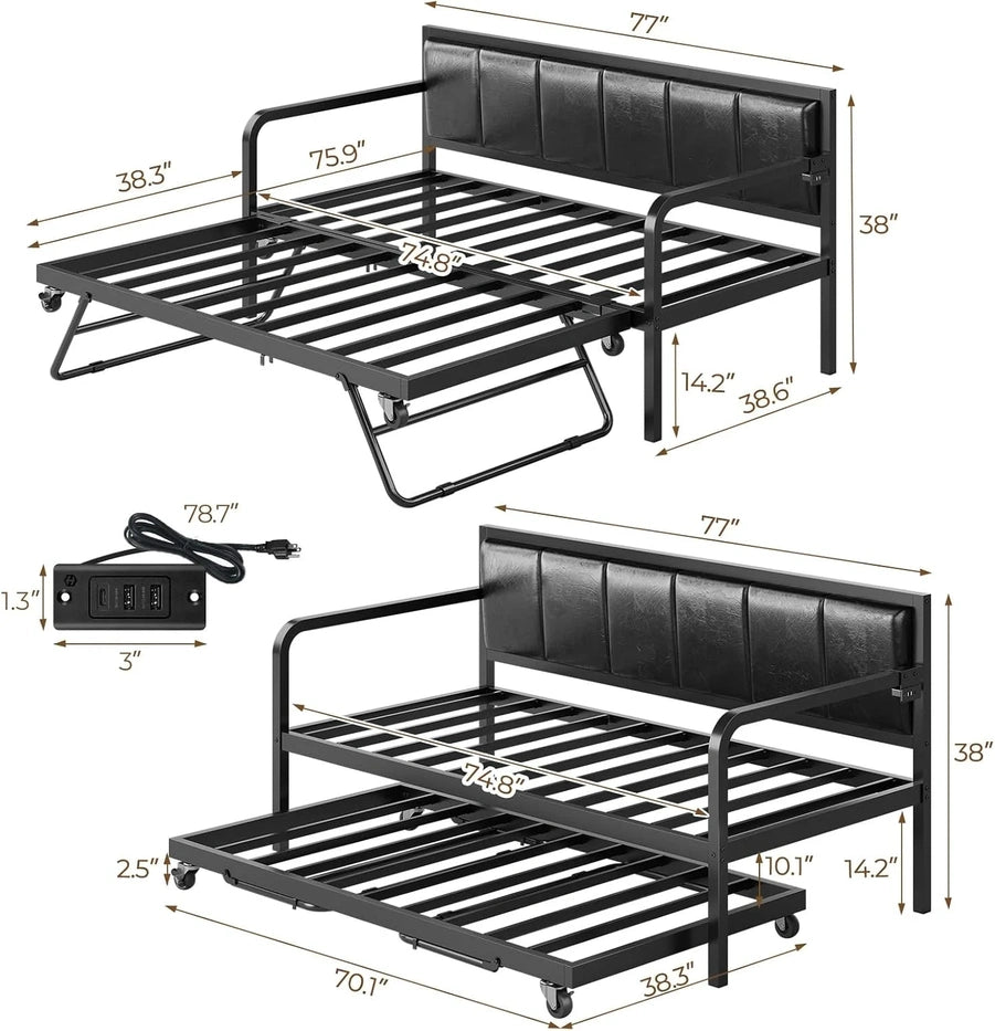 Rolanstar Daybed With Charging Station And LED Lights, Height Adjustable Twin Daybed With Trundle, Metal Sofa Bed Frame With Steel Slat Support