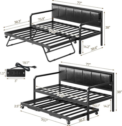Rolanstar Daybed With Charging Station And LED Lights, Height Adjustable Twin Daybed With Trundle, Metal Sofa Bed Frame With Steel Slat Support