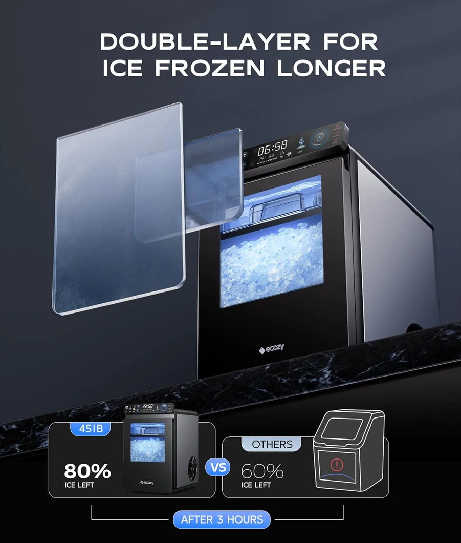 Nugget Ice Maker Countertop, Smart Pebble Ice Machine With App Control, 44 lbs/24H Soft Pellet Chewable Ice With Self-Cleaning, Stainless Steel