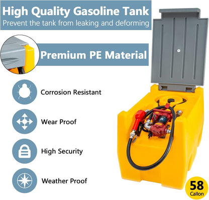 TECSPACE 58 Gallon Gasoline Tank, Portable Fuel Tank with 12V Electric Fuel Transfer Pump, 40 GPM Gasoline Fuel Tank with 4 Meters Hose for Gasoline Transportation (Yellow, 58 gal)