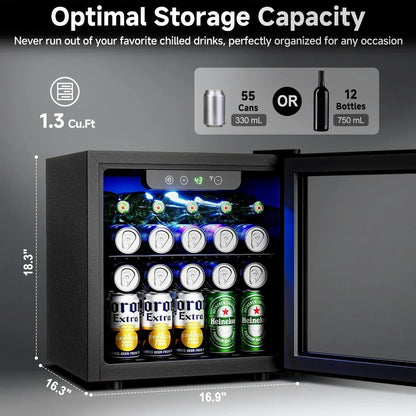 Beverage Refrigerator Cooler 126 Can Mini Fridge Glass Door For Drinks Soda Beer Wine Refrigerator