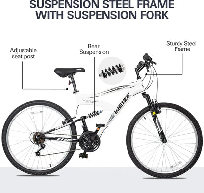 WEIZE Mountain Bike 26 27.5 inch Outdoor Hybrid Bikes 18-Speed High-Carbon Steel Full Suspension