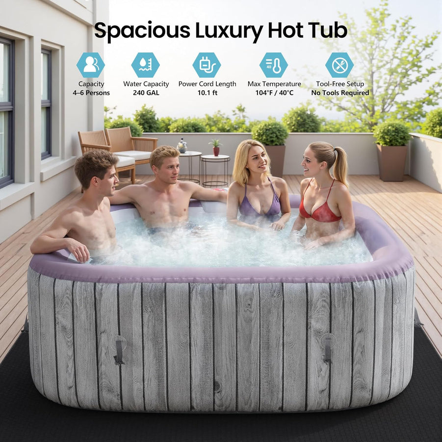 4-6 Person Inflatable Hot Tub, Portable Outdoor Spa With 130 Air Jets, Circulation Heating