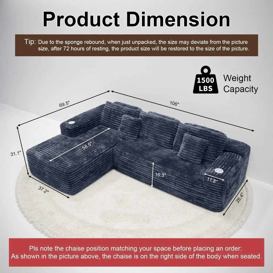Cloud Section Sofa With L-Shaped Recliner Modern Modular Sofa Built-In Cup Holder