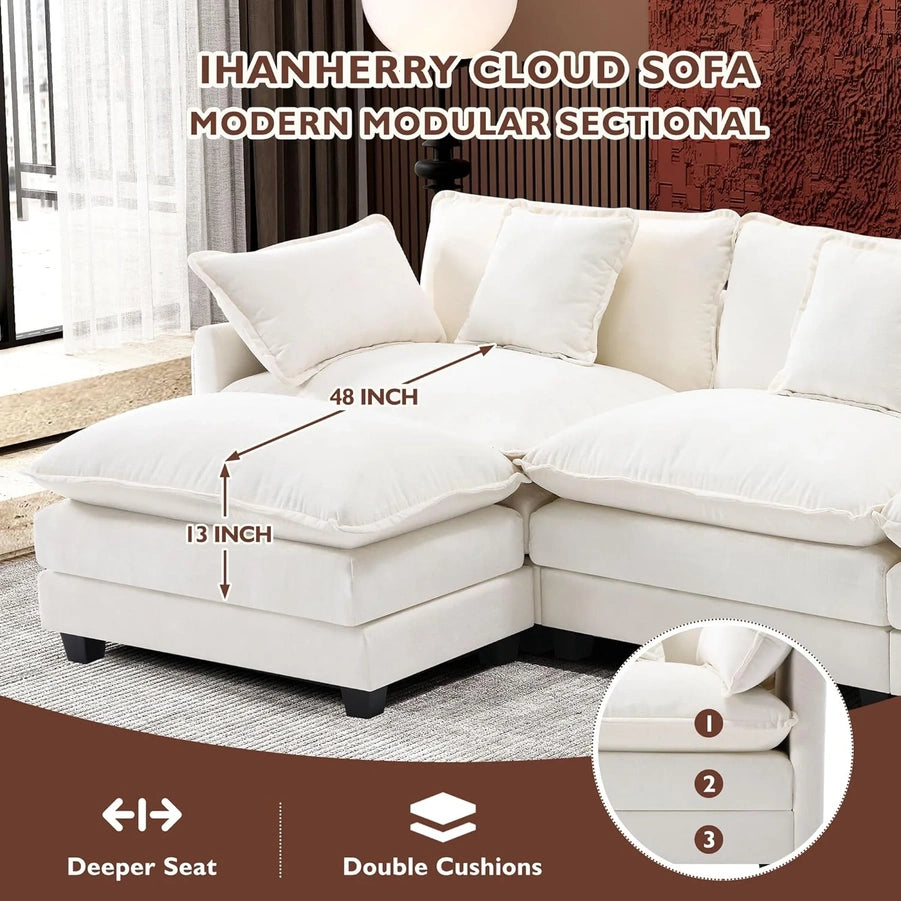 111.4 In. L-Shaped Modern Sofa Modular Cloud Sofa Ottoman 4-Seater Chenille Deep Seat Sofa
