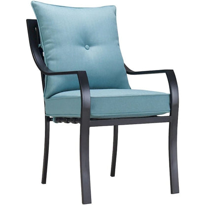 Hanover Lavallette 5-Piece Dining Set in Ocean Blue with 4 Stationary Chairs, 52-In. Round Glass-Top Table, Umbrella, and Base
