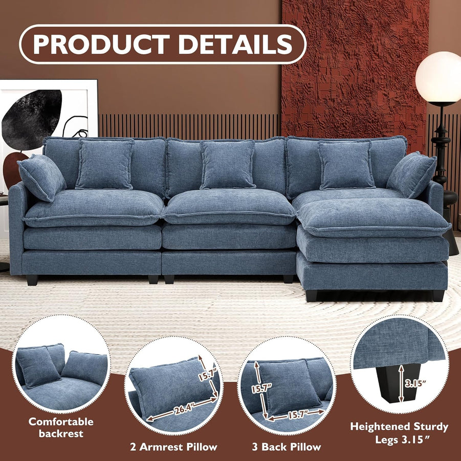 111.4 In. L-Shaped Modern Sofa Modular Cloud Sofa Ottoman 4-Seater Chenille Deep Seat Sofa