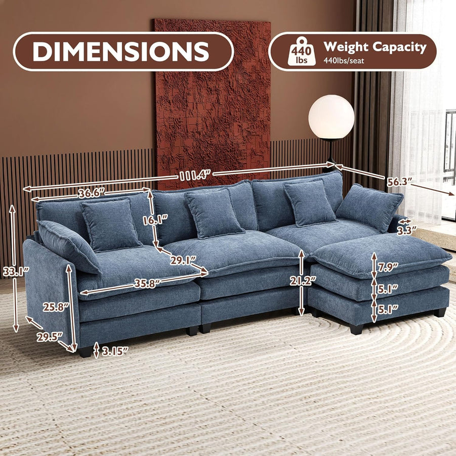 111.4 In. L-Shaped Modern Sofa Modular Cloud Sofa Ottoman 4-Seater Chenille Deep Seat Sofa
