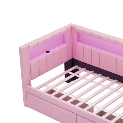 Upholstered Platform Bed with USB Ports & LED Lighting - Full/Twin Size Bed Frame with 2 Storage Drawers - Modern Bedroom