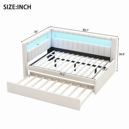 Upholstered Platform Bed with USB Ports & LED Lighting - Full/Twin Size Bed Frame with 2 Storage Drawers - Modern Bedroom