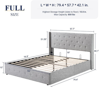 Allewie Queen Size Lift Up Storage Bed, Modern Wingback Headboard, Hydraulic Support, No Box Spring Needed, Light Beige