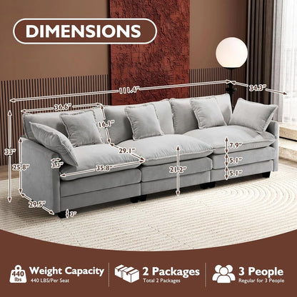 111.4 In. L-Shaped Modern Sofa Modular Cloud Sofa Ottoman 4-Seater Chenille Deep Seat Sofa
