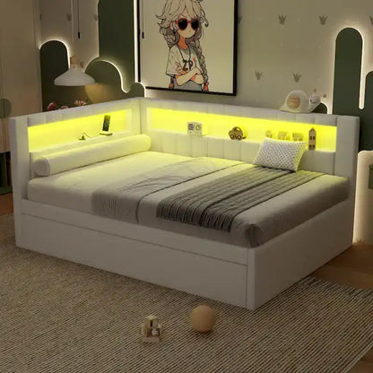 Upholstered Platform Bed with USB Ports & LED Lighting - Full/Twin Size Bed Frame with 2 Storage Drawers - Modern Bedroom
