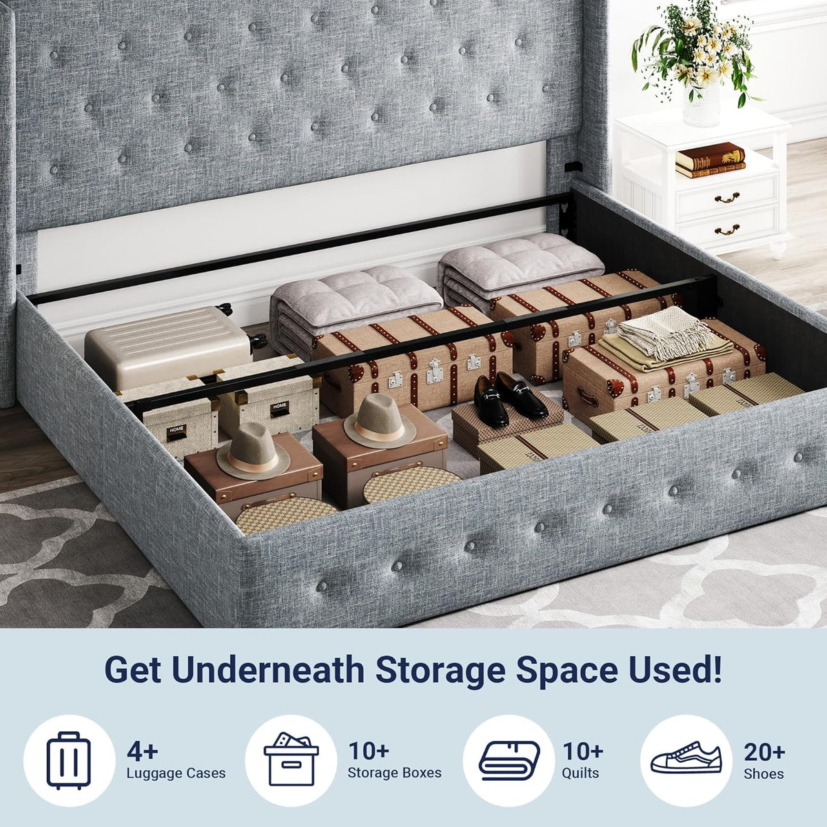 Allewie Queen Size Lift Up Storage Bed, Modern Wingback Headboard, Hydraulic Support, No Box Spring Needed, Light Beige
