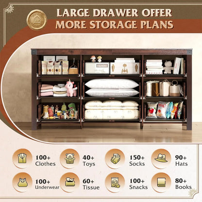 9 Drawer Led Dresser for Bedroom, 58.35'' Wide Wood Dresser Storage Organizer with Power Outlets for 65'' TV, Dressers with Open Shelves