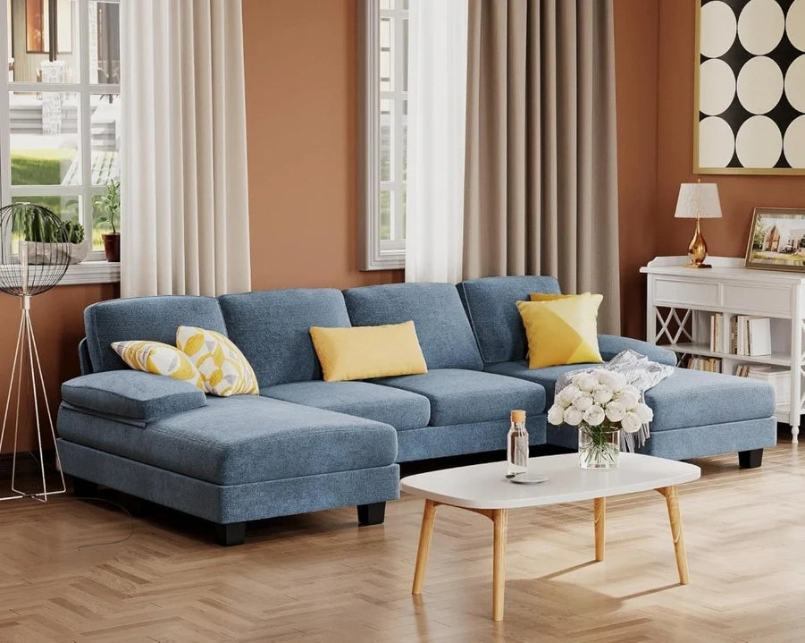 Furmax Sectional Couches For Living Room, U-Shaped Sofa Couch With Linen Fabric, 4 Seat Sofa Set With Double Chaise For Apartment, Fabric, Grey
