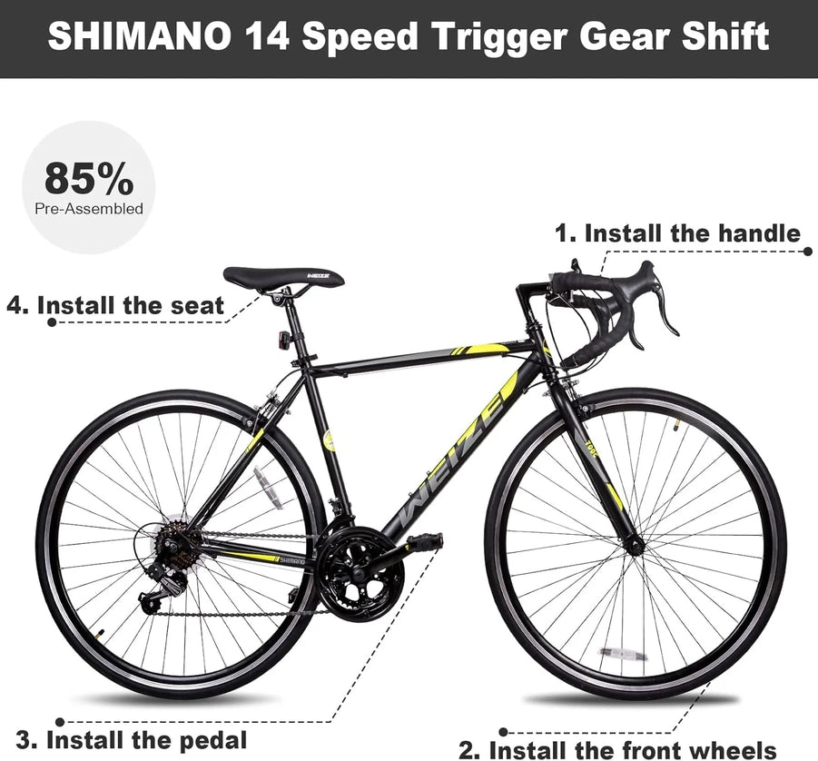 Weize Road Bike, 700C Wheel City Commuter Bicycle, Shimano 14 Speed Drop Bar, Racing Adult Bike With Caliper Brakes, High-Carbon Steel Hybrid Bikes
